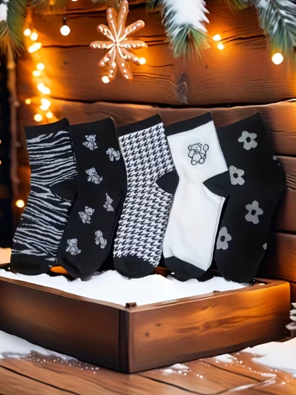 BLACK AND WHITE SOCKS - 5 PAIR - FESTIVE